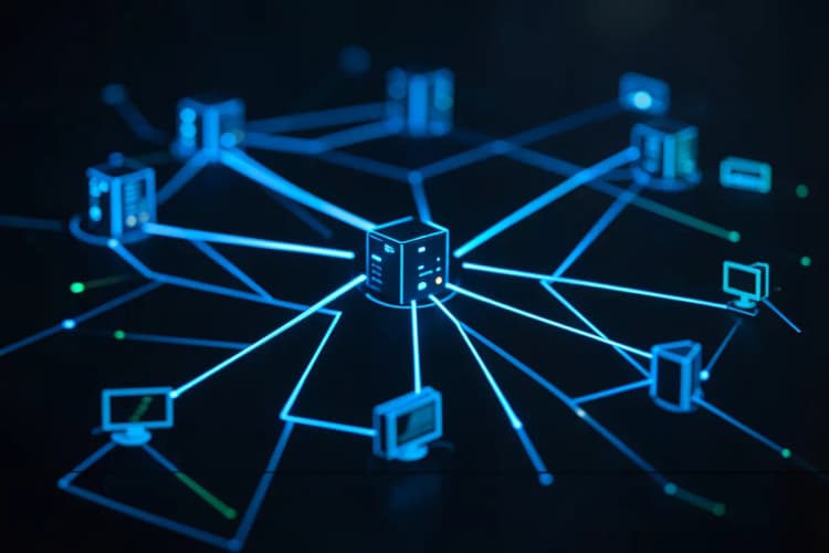 Diagrama de rede com conexões entre servidores e computadores.