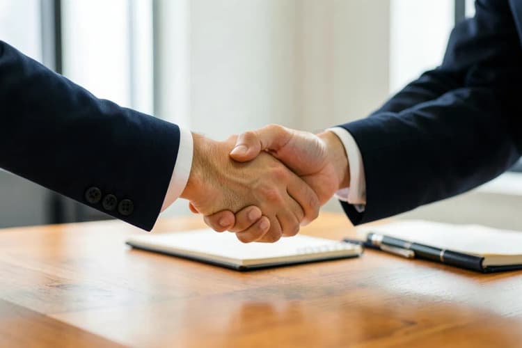 Um aperto de mão sobre uma mesa com contratos e canetas.