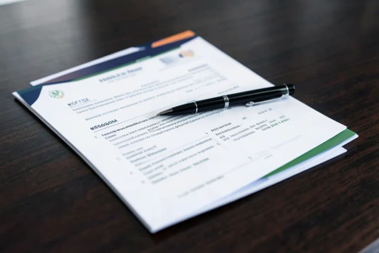 Um documento de contrato com uma caneta ao lado.