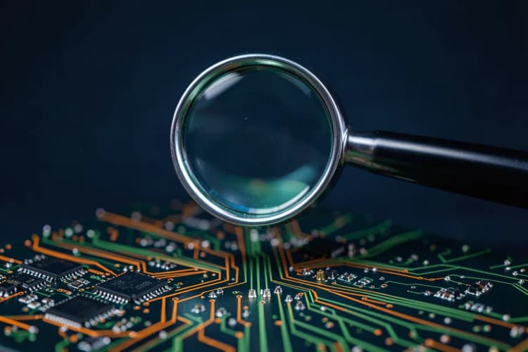 Uma lupa examinando um circuito de computador.