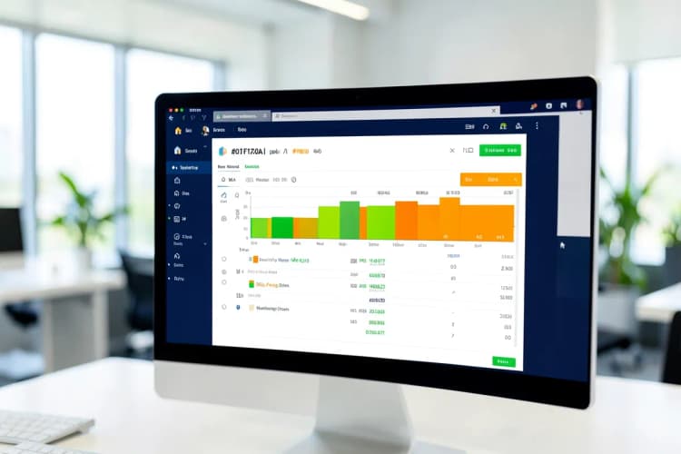 Uma tela de computador exibindo um software de gestão de ativos de TI com gráficos e listas de inventário.