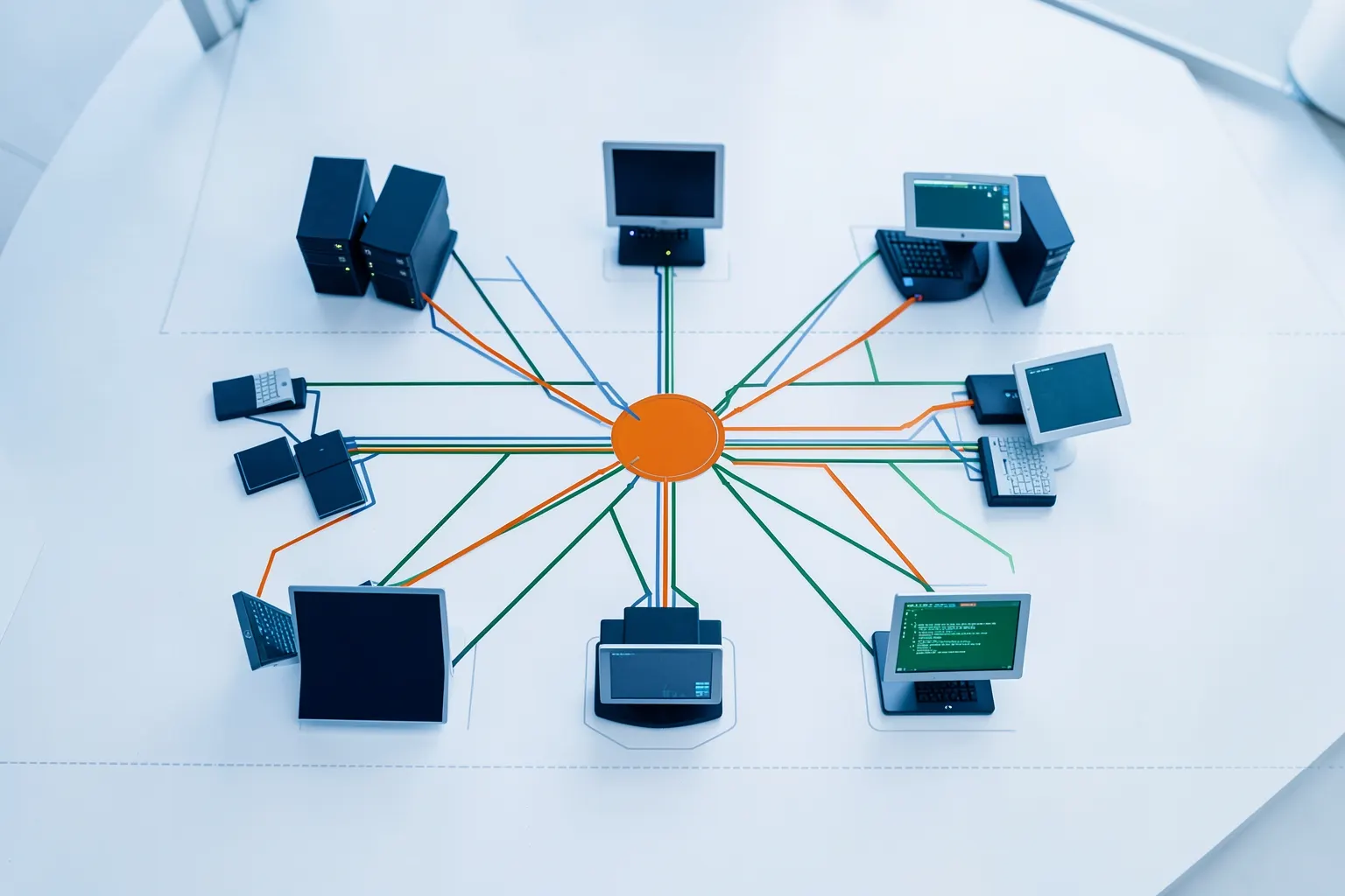Diagrama de rede de computador com ícones representando servidores, computadores e conexões.