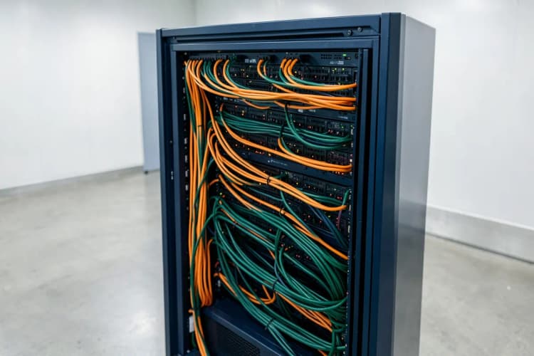 Cabos de rede Ethernet conectando dispositivos em um rack de servidor