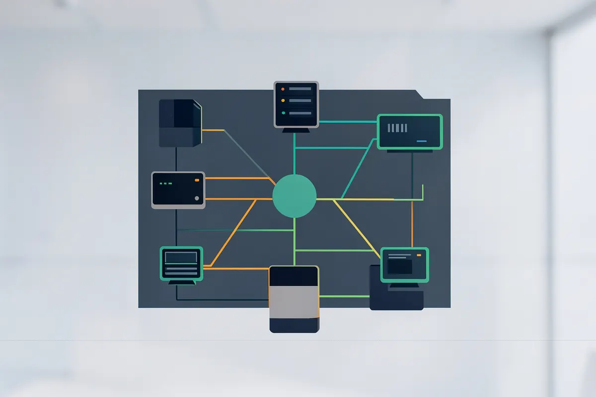 Diagrama de rede mostrando conexão de dispositivos em um escritório