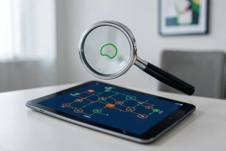 Uma lupa examinando um diagrama de fluxo de dados em um tablet.