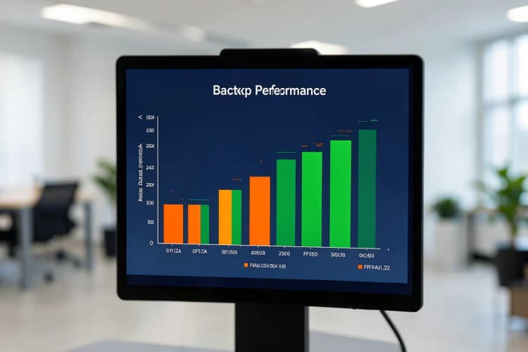 Gráfico de barras comparando diferentes métricas de desempenho de backup em um monitor.