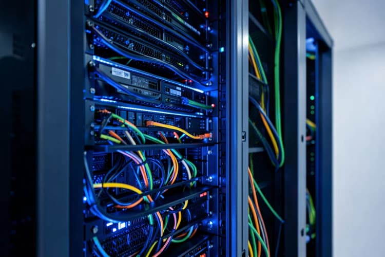 Servidor de data center com luzes piscando e cabos organizados.