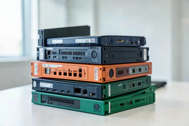 Diferentes mídias de armazenamento como fitas e discos rígidos empilhados.