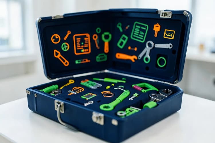 Uma caixa de ferramentas aberta com ícones de software e hardware, representando ferramentas de gestão de serviços de TI.