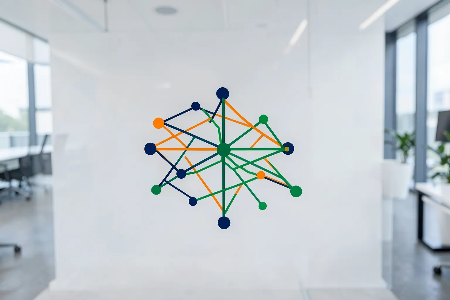 Diagrama abstrato com nós interconectados e linhas de fluxo, representando a estrutura de serviços de TI.